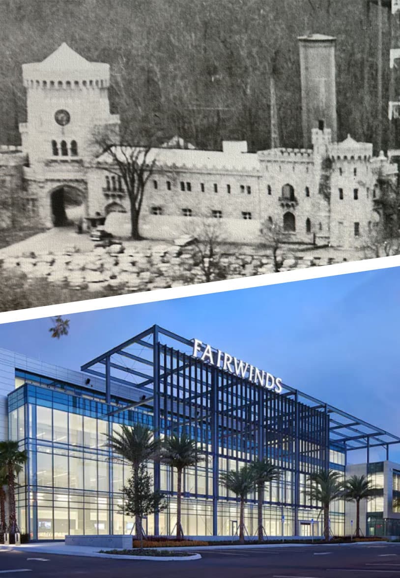 A side by side image of the original Fairwinds building next to the new.