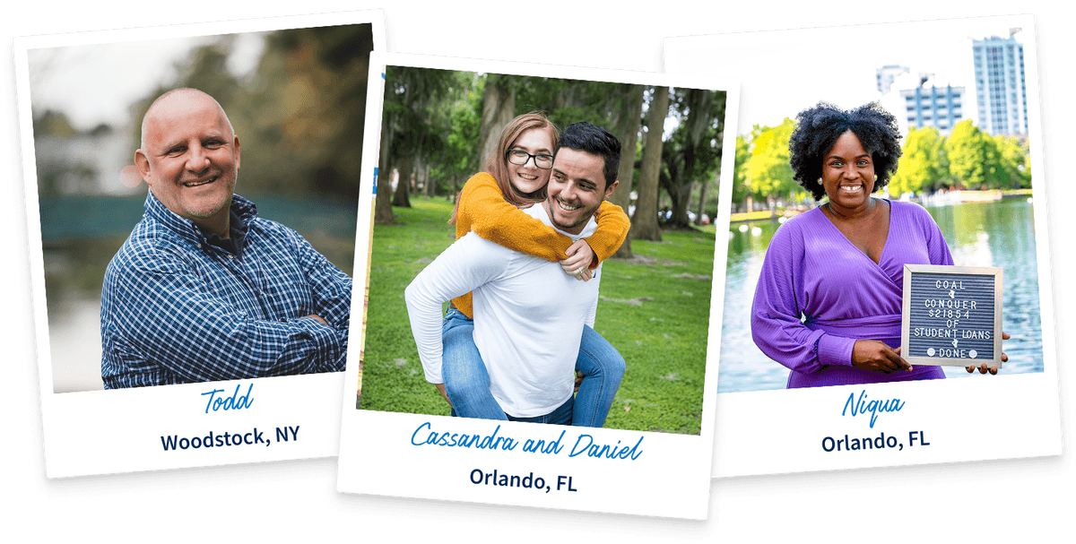 Three photo collage showing debt-free success stories: Todd from Woodstock NY, Ashley B from Orlando FL, and Niqua from Orlando FL.